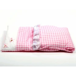 Houten Poppenwagen Pink 7 Houten Poppenwagen Pink -Speelgoed Speciaal Winkel dekje roze geruit met 2 bloempjes 2